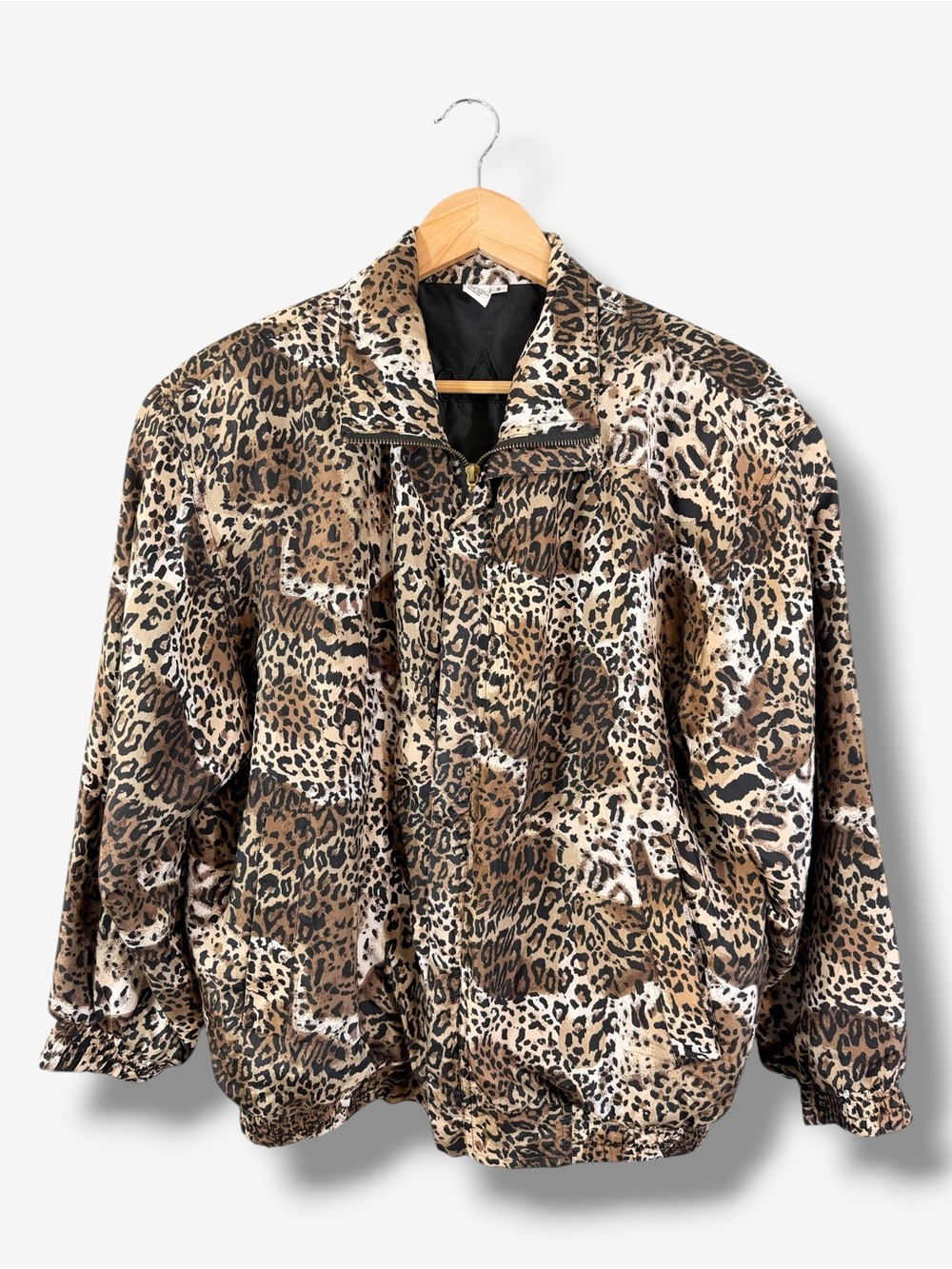 80s Vintage Leopard Print Silk Bomber Jacket Size S Full Zip Mob Wife Goth Punk